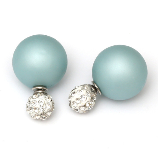 Double sided aqua frosted plastic pearl with polymer clay rhinestone ball ear studs