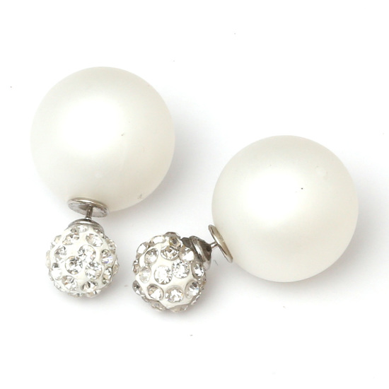 Double sided white frosted plastic pearl with polymer clay rhinestone ball ear studs