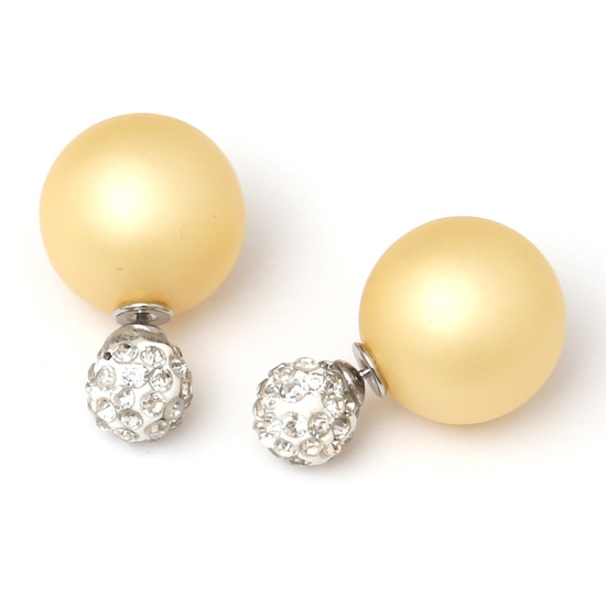 Double sided goldenrod frosted plastic pearl with polymer clay rhinestone ball ear studs