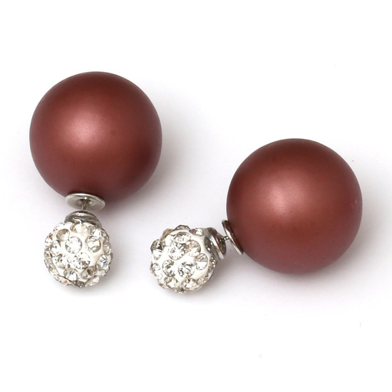 Double sided sienna frosted plastic pearl with polymer clay rhinestone ball ear studs