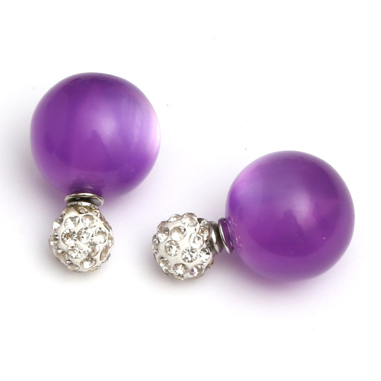Double sided violet acrylic imitated cat eye ball  with polymer clay crystal rhinestone bead ear studs