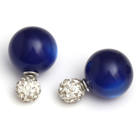 Double sided dark blue acrylic imitated cat eye ball with polymer clay crystal rhinestone bead ear studs