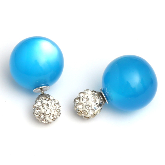 Double sided deep sky blue acrylic imitated cat eye ball with polymer clay crystal rhinestone bead ear studs