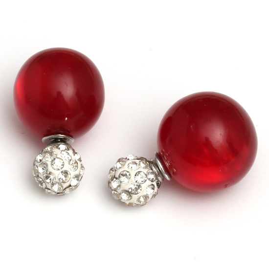 Double sided dark red acrylic imitated cat eye ball with polymer clay crystal rhinestone bead ear studs