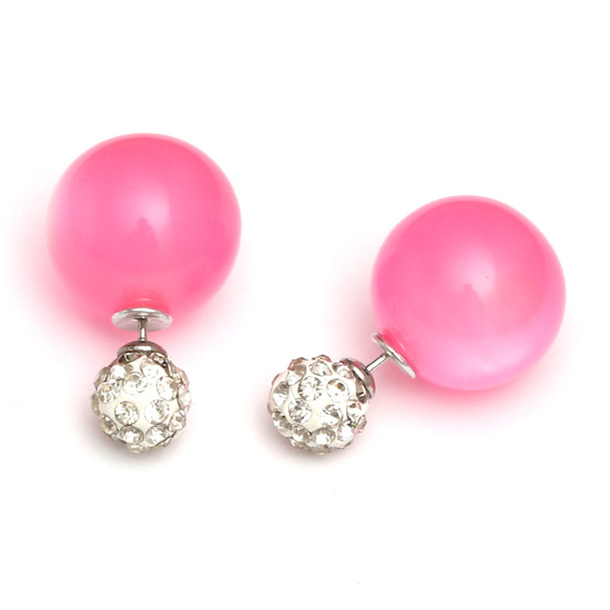 Double sided pink acrylic imitated cat eye ball with polymer clay crystal rhinestone bead ear studs