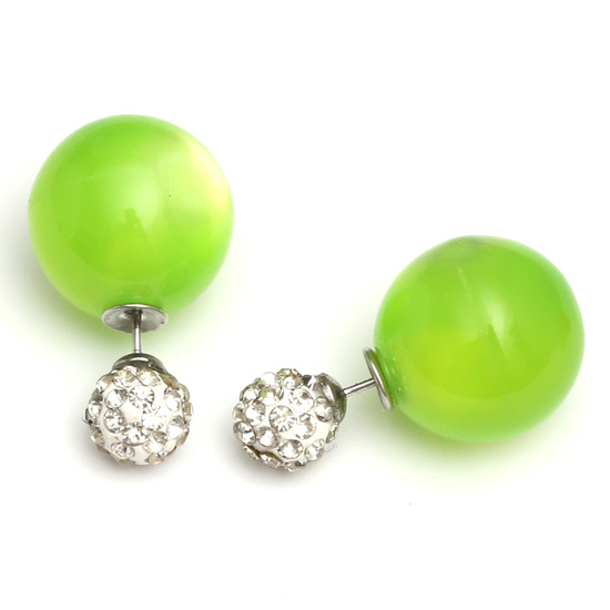 Double sided green acrylic imitated cat eye ball with polymer clay crystal rhinestone bead ear studs