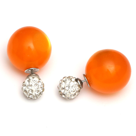 Double sided orange acrylic imitated cat eye ball  with polymer clay crystal rhinestone bead ear studs