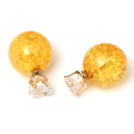 Double sided gold-tone acrylic crackle ball with crystal rhinestone ear studs