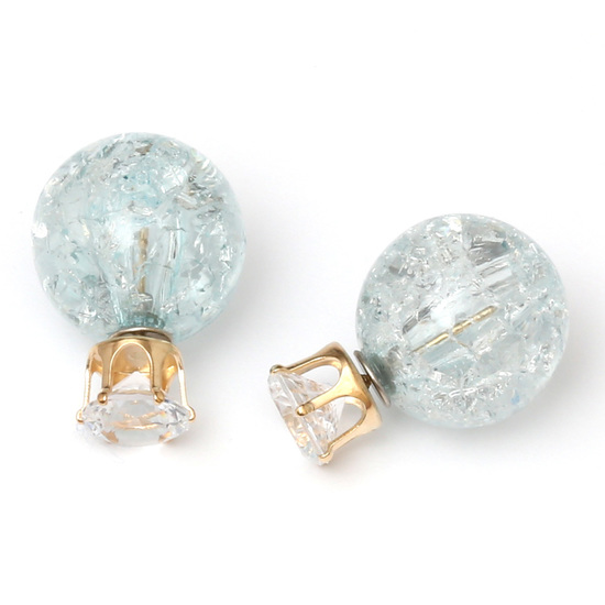 Double sided light cyan acrylic crackle ball with crystal rhinestone ear studs
