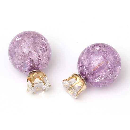 Double sided purple acrylic crackle ball with crystal rhinestone ear studs