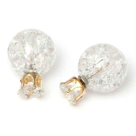 Double sided white acrylic crackle ball with crystal rhinestone ear studs