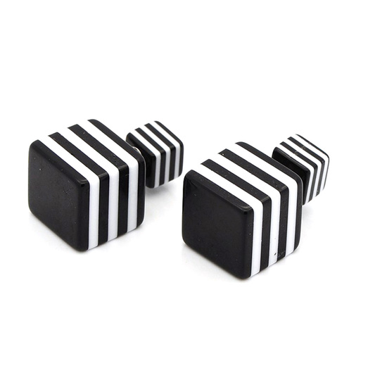 Black and white striped resin cube stainless steel double sided ear studs