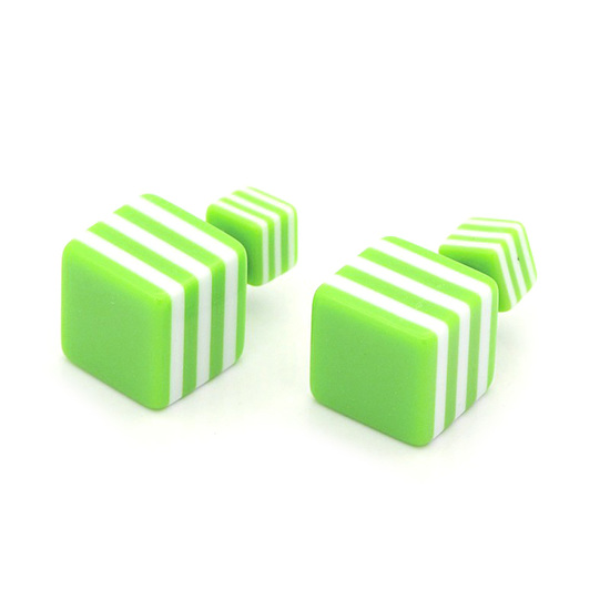 Green and white striped resin cube stainless steel double sided ear studs