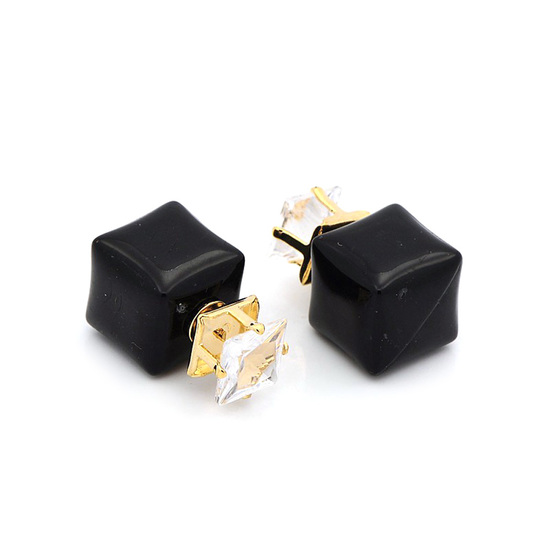 Cubic zirconia and black resin cube stainless steel double sided ear studs