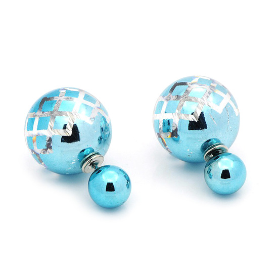 Blue UV plating grid printed resin ball stainless steel double sided ear studs