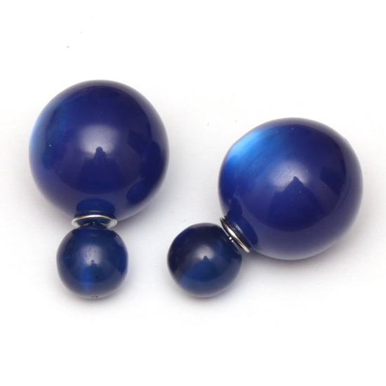 Medium blue imitated cat eye ball double sided stud earrings