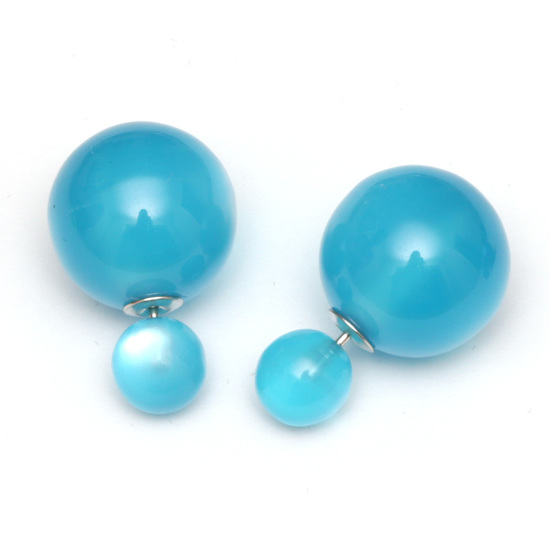 Deep Sky blue imitated cat eye ball double sided stud earrings