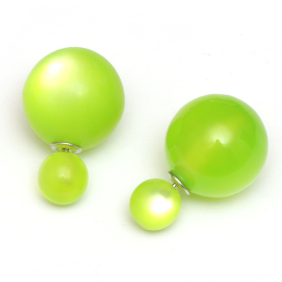Lawn green imitated cat eye ball double sided stud earrings