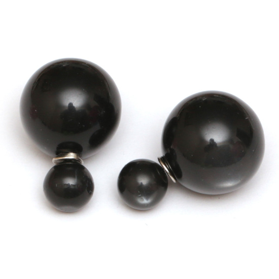 Black imitated cat eye ball double sided stud earrings