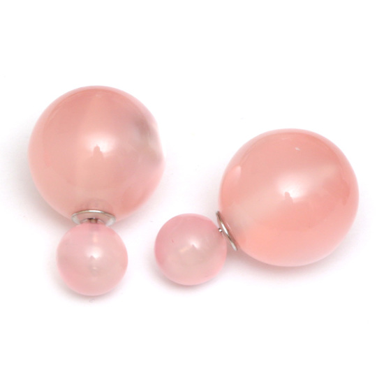 Light pink imitated cat eye ball double sided stud earrings
