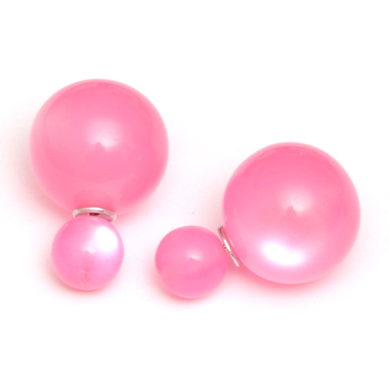 Pink imitated cat eye ball double sided stud earrings