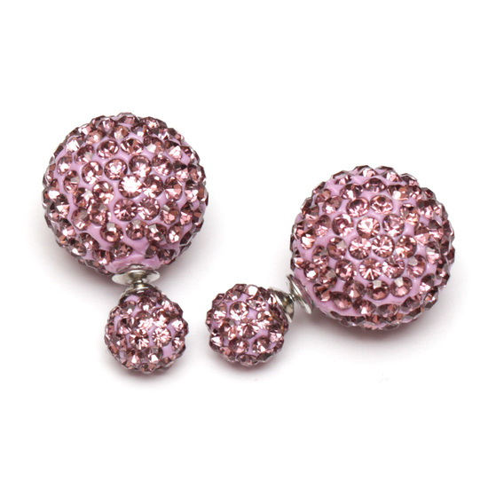 Pink polymer clay crystal ball double sided stud earrings