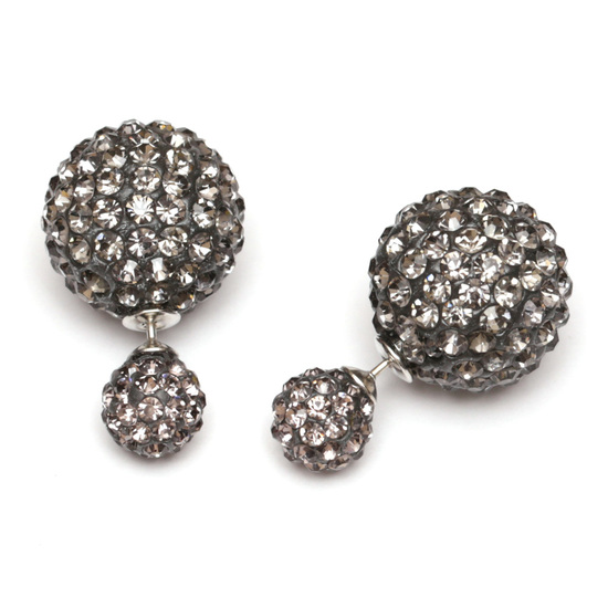 Gray polymer clay crystal ball double sided stud earrings