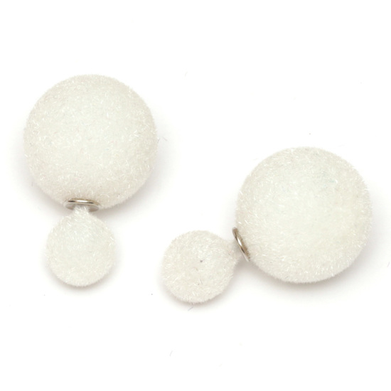 White noble velours ball double sided stud earrings