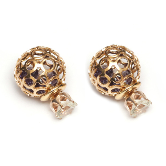 Tanzanite crystal golden hollow ball stainless steel double sided ear studs