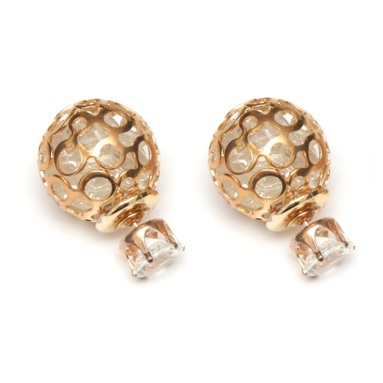 White crystal golden hollow ball stainless steel double sided ear studs