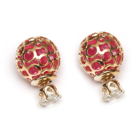 Rose pink crystal golden hollow ball stainless steel double sided ear studs