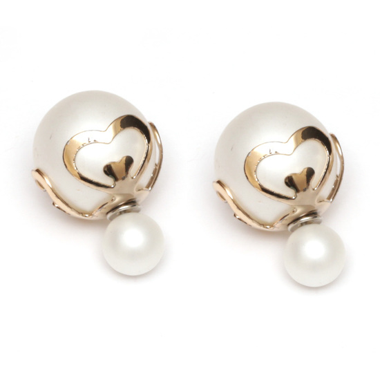 White imitation pearl with golden heart cap stainless steel double sided ear studs
