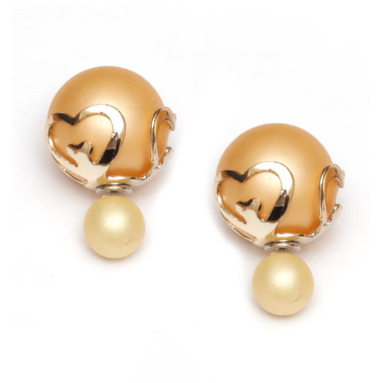 Gold colour imitation pearl with golden heart cap stainless steel double sided ear studs