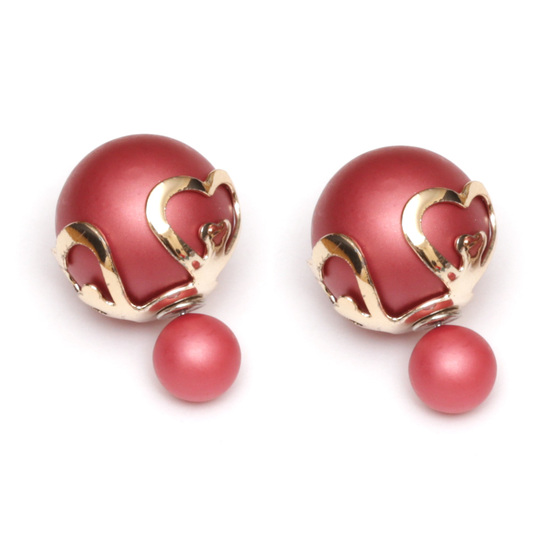 Camellia imitation pearl with golden heart cap stainless steel double sided ear studs