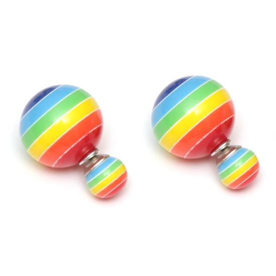 Rainbow colour striped resin bead double sided ear studs