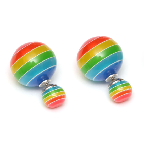 Vibrant striped resin bead double sided ear studs