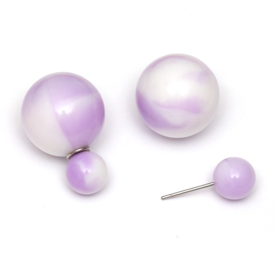 Lilac resin bead with marble effect double sided ear studs