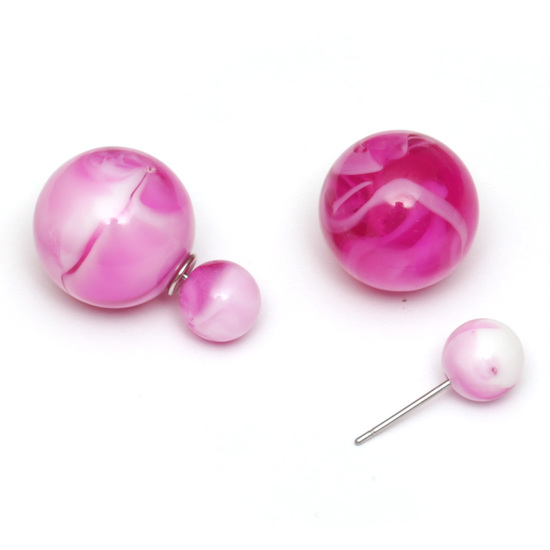 Fuchsia resin bead with marble effect double sided ear studs