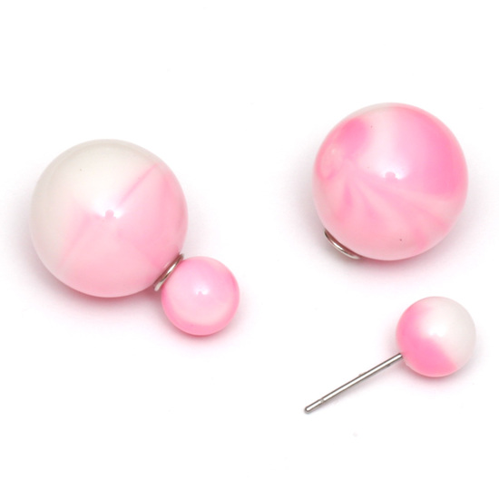 Pearl pink resin bead with marble effect double sided ear studs