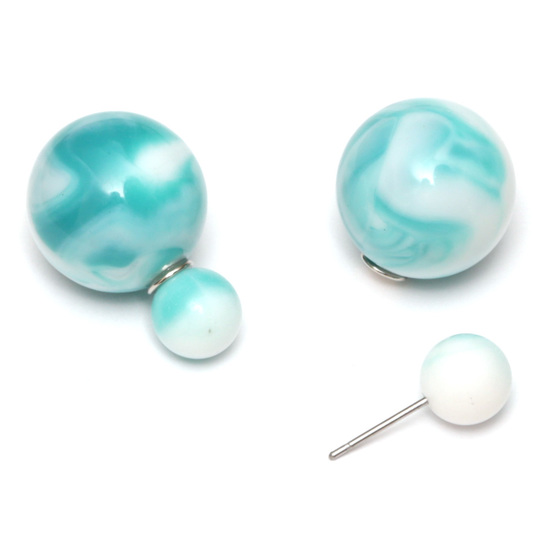 Medium aquamarine resin bead with marble effect double sided ear studs