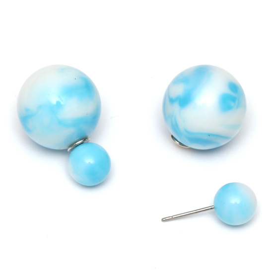 Sky blue resin bead with marble effect double sided ear studs