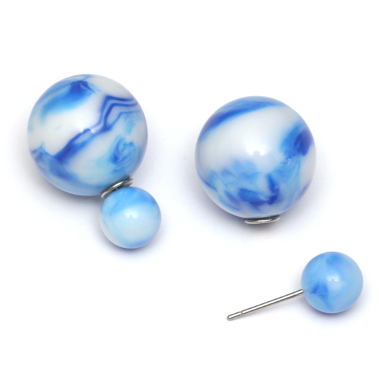 Royal blue resin bead with marble effect double sided ear studs