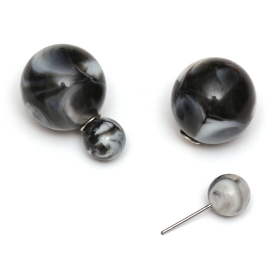 Black resin bead with marble effect double sided ear studs