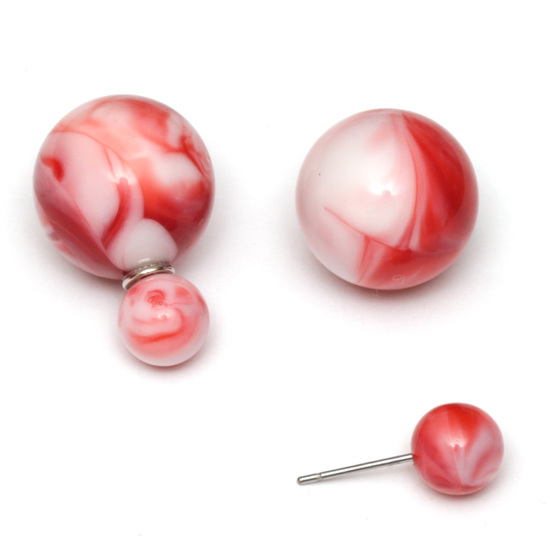 Red resin bead with marble effect double sided ear studs