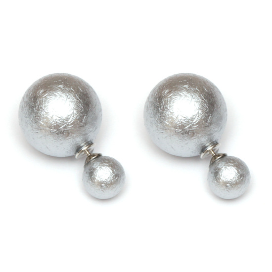 Silver-tone matte acrylic pearl ball double sided ear studs