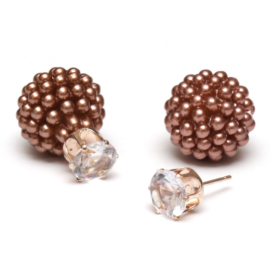 Brown berry ball bead with CZ double sided stud earrings