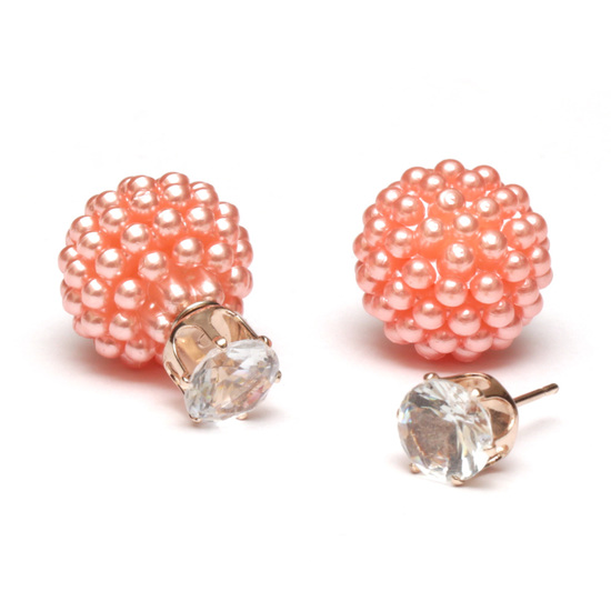 Coral berry ball bead with CZ double sided stud earrings