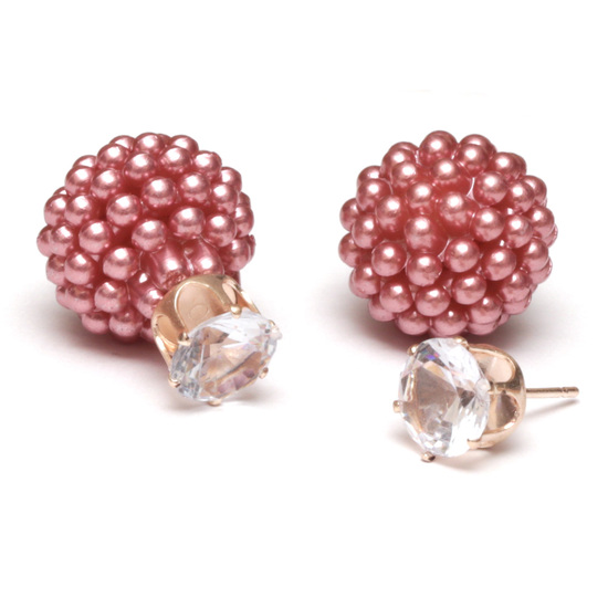 Pale violet red berry ball bead with CZ double sided stud earrings