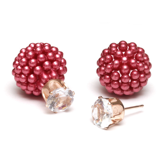 Fire brick berry ball bead with CZ double sided stud earrings