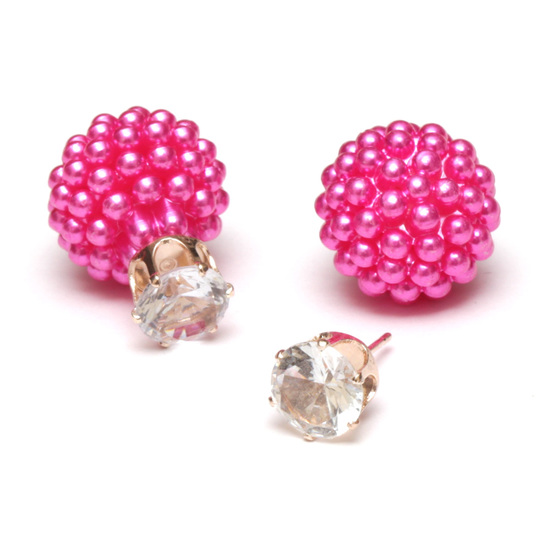 Fuchsia berry ball bead with CZ double sided stud earrings